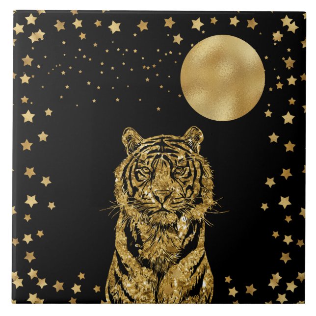 Golden Tiger Stars and Moon on Black Tile (Front)