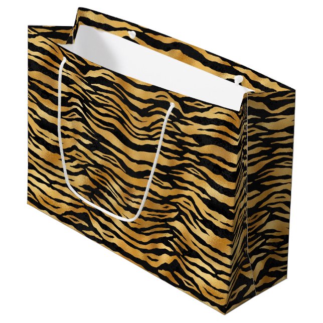 Golden Tiger Stripes | Bold Wild Animal Pattern Large Gift Bag (Front Angled)