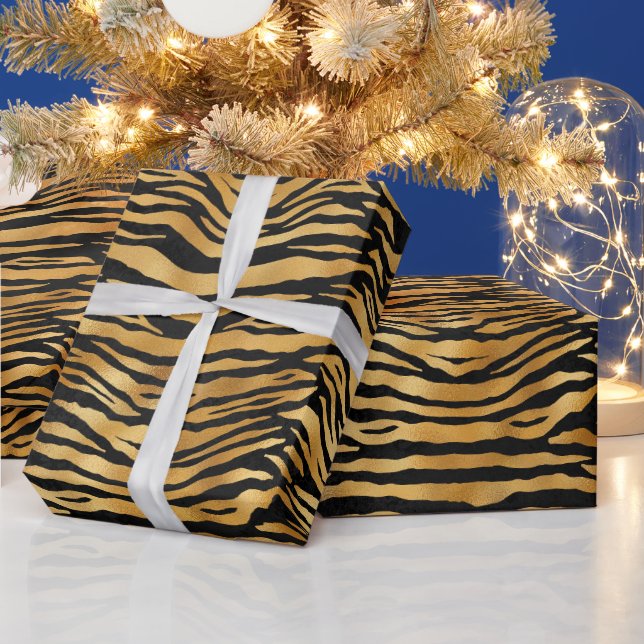 Golden Tiger Stripes | Bold Wild Animal Pattern Wrapping Paper (Holidays)
