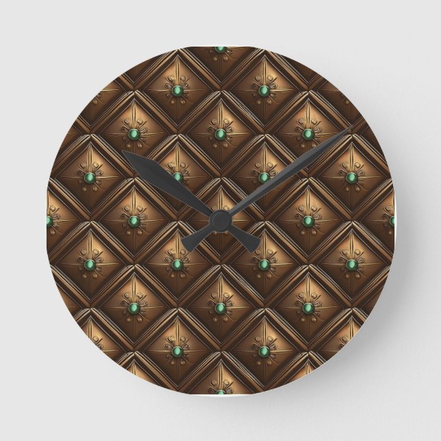 Golden Tiles With Emeralds  Round Clock (Front)