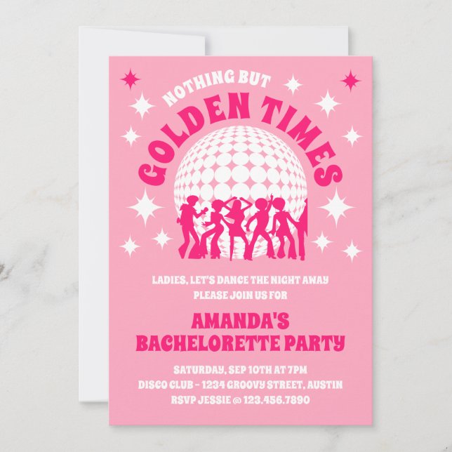 Golden Times Groovy Pink Bachelorette Party Invitation (Front)