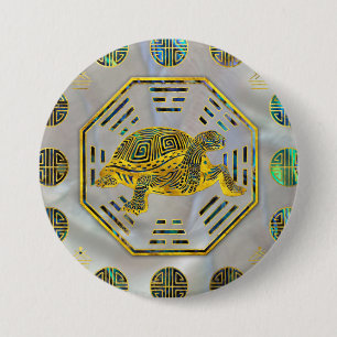 Golden Tortoise / Turtle Feng Shui Abalone Shell 7.5 Cm Round Badge