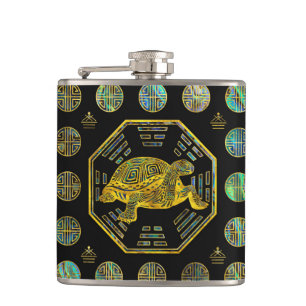 Golden Tortoise / Turtle Feng Shui Abalone Shell Hip Flask