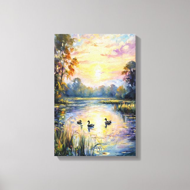 Golden Tranquillity Sunset Pond Landscape with Duc Canvas Print (Front)
