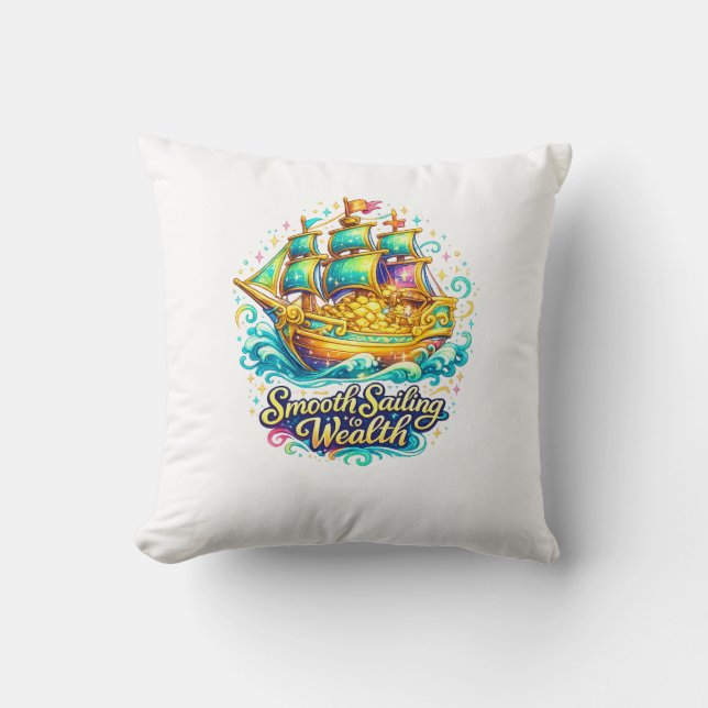 Golden Treasure Ship Throw Pillow | Wealth Decor A (Front)