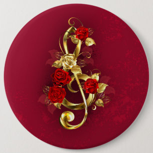 Golden Treble Clef with Rose Flowers 6 Cm Round Badge