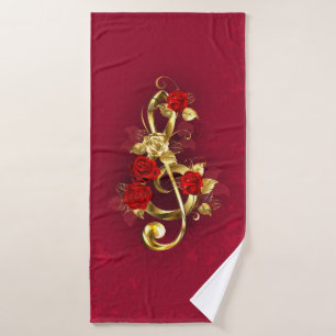 Golden Treble Clef with Rose Flowers Bath Towel