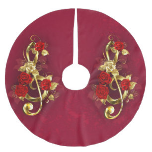 Golden Treble Clef with Rose Flowers Brushed Polyester Tree Skirt