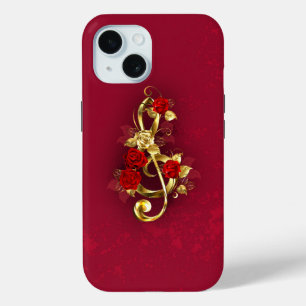 Golden Treble Clef with Rose Flowers iPhone 15 Case