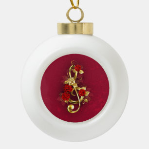 Golden Treble Clef with Rose Flowers Ceramic Ball Christmas Ornament