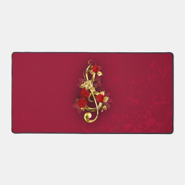 Golden Treble Clef with Rose Flowers Desk Mat (Front)
