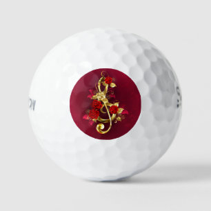 Golden Treble Clef with Rose Flowers Golf Balls