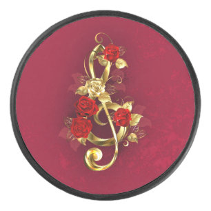 Golden Treble Clef with Rose Flowers Hockey Puck