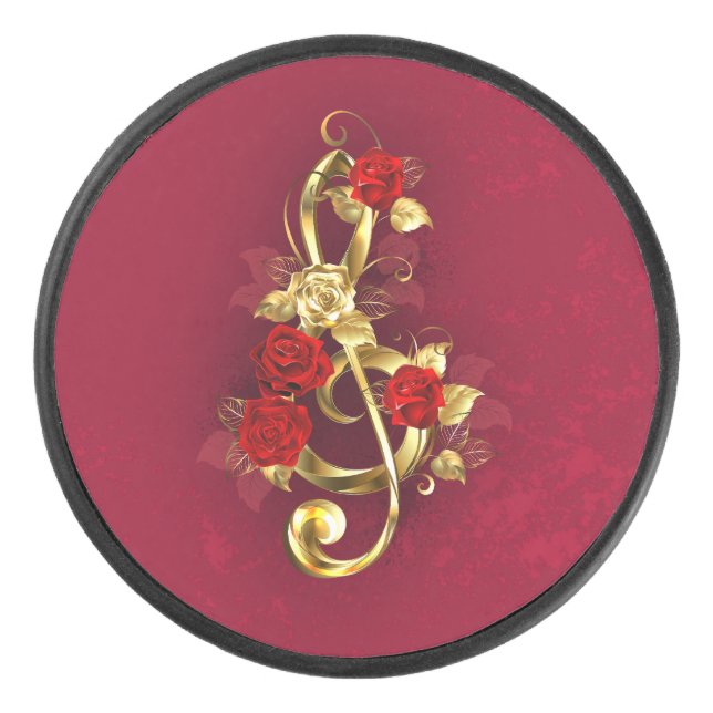 Golden Treble Clef with Rose Flowers Hockey Puck (Front)
