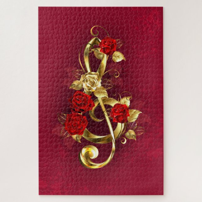 Golden Treble Clef with Rose Flowers Jigsaw Puzzle (Vertical)