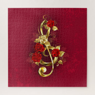 Golden Treble Clef with Rose Flowers Jigsaw Puzzle