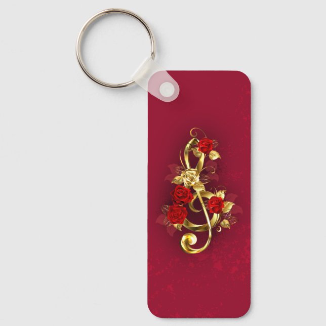 Golden Treble Clef with Rose Flowers Key Ring (Front)