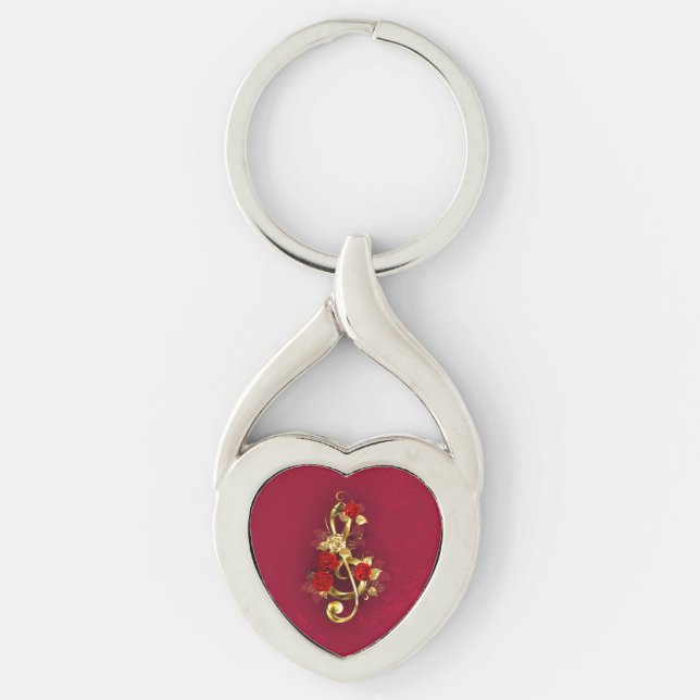 Golden Treble Clef with Rose Flowers Key Ring (Front)