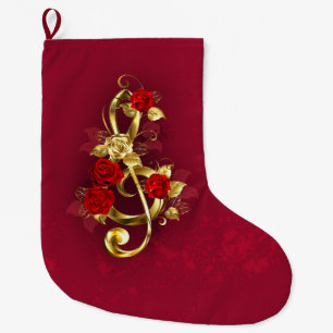 Golden Treble Clef with Rose Flowers Large Christmas Stocking
