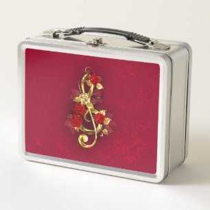 Golden Treble Clef with Rose Flowers Metal Lunch Box