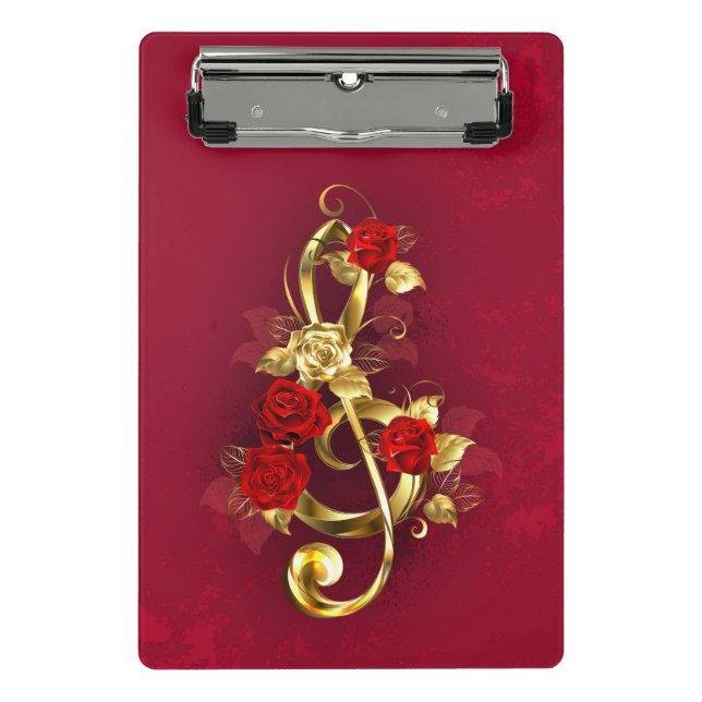 Golden Treble Clef with Rose Flowers Mini Clipboard (Front)