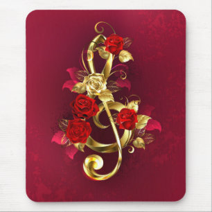 Golden Treble Clef with Rose Flowers Mouse Pad