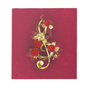 Golden Treble Clef with Rose Flowers Notepad