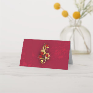 Golden Treble Clef with Rose Flowers Place Card