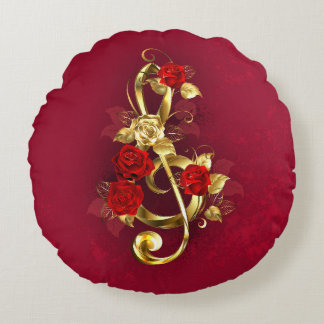 Golden Treble Clef with Rose Flowers Round Cushion
