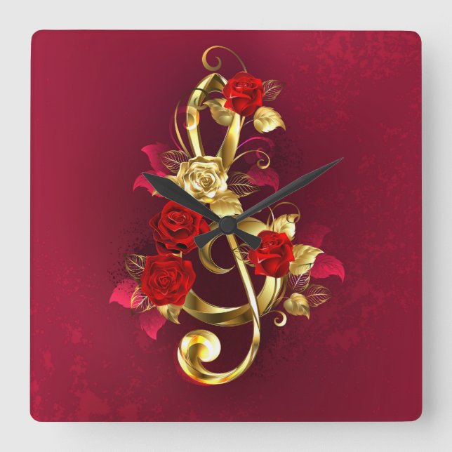 Golden Treble Clef with Rose Flowers Square Wall Clock (Front)