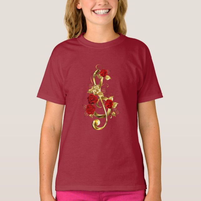 Golden Treble Clef with Rose Flowers T-Shirt (Front)