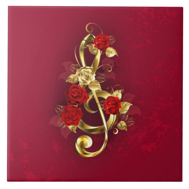 Golden Treble Clef with Rose Flowers Tile (Front)