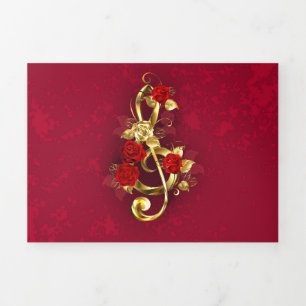 Golden Treble Clef with Rose Flowers Tri-Fold Holiday Card