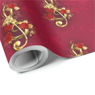 Golden Treble Clef with Rose Flowers Wrapping Paper