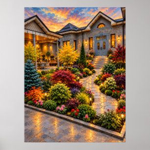 Golden Tree and Red Maple by a Sunset Villa Poster