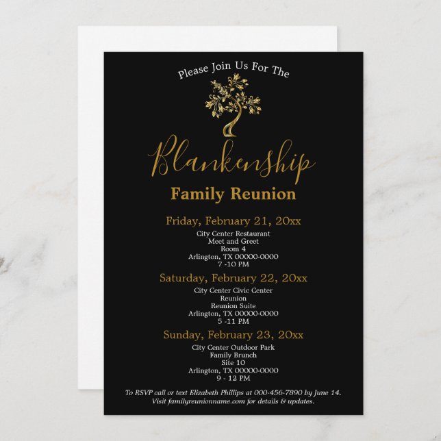 Golden Tree Black White 3-Day Family Reunion  Invitation (Front/Back)