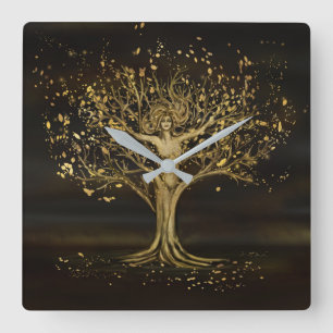 Golden Tree Goddess Square Wall Clock