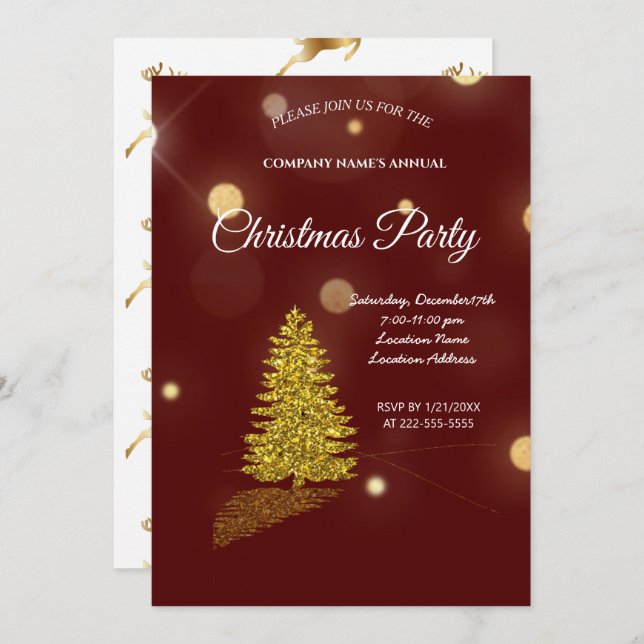 Golden tree, golden reindeer and Santa Claus  Invi Invitation (Front/Back)