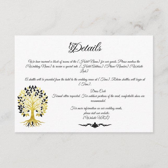Golden Tree of Life Timeless Sophisticated Wedding Enclosure Card (Front)