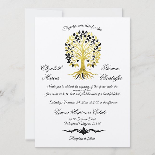 Golden Tree of Life Timeless Sophisticated Wedding Invitation (Front)