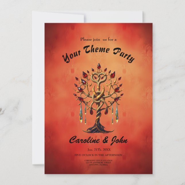 Golden Tree of Life with Red Gemstones  Invitation (Front)