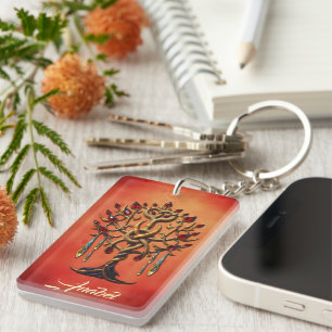 Golden Tree of Life with Red Gemstones  Key Ring