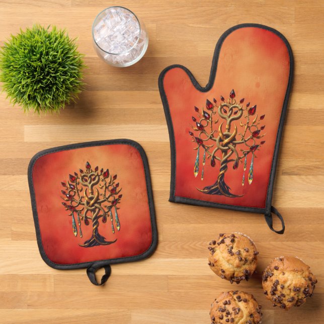 Golden Tree of Life with Red Gemstones  Oven Mitt & Pot Holder Set (Top Down)