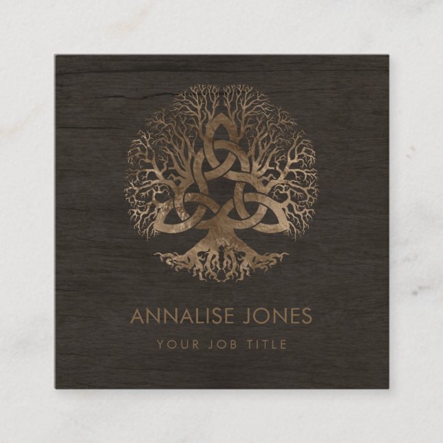 Golden Tree of life with Triquetra on wood Square Business Card (Front)