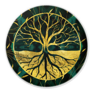 Golden Tree of Life Yggdrasil on Malachite Ceramic Knob