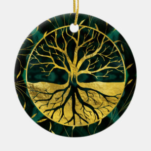 Golden Tree of Life Yggdrasil on Malachite Ceramic Tree Decoration