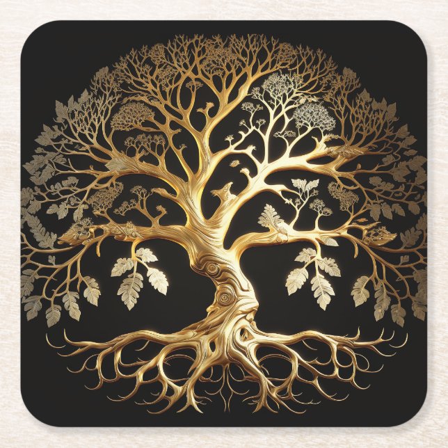 Golden Tree of Life Yggdrasil Square Paper Coaster (Front)