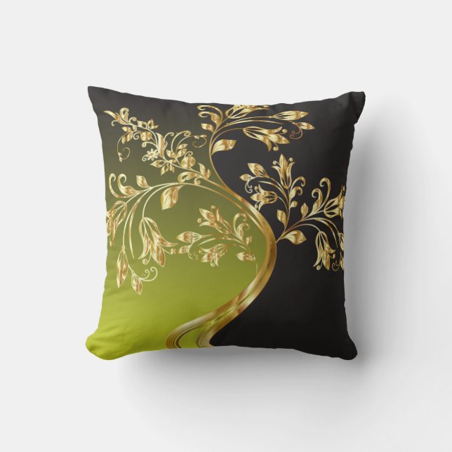 Golden Tree on Black and Olive Green Throw Pillow (Front)