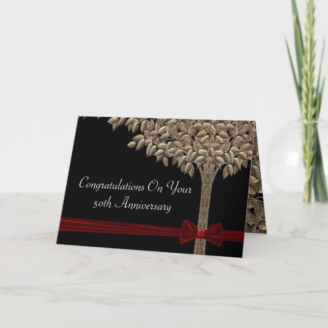 Golden Tree With Red Ribbon & Bow Congrats Card (Front)