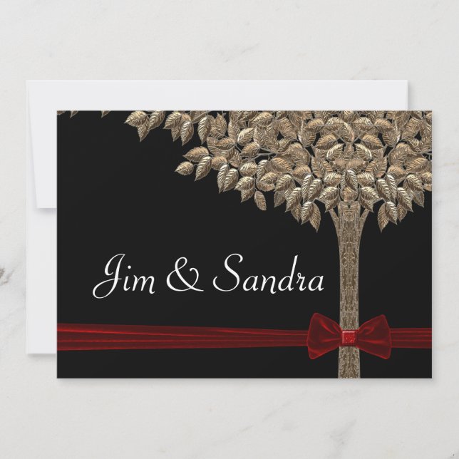 Golden Tree With Red Ribbon & Bow Size A7 Invitation (Front)